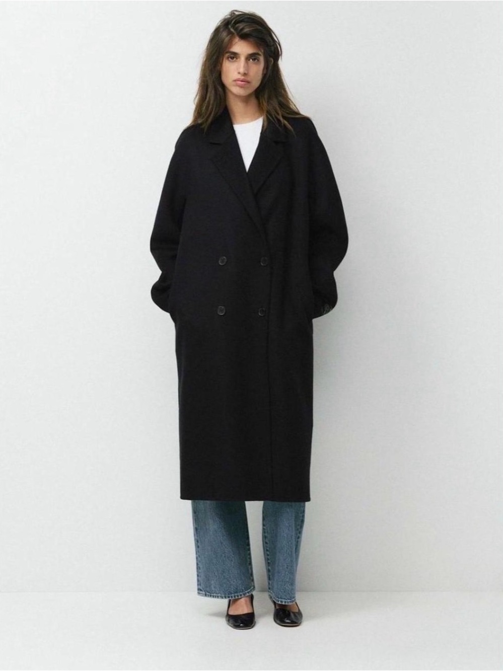Zara Black Double-Breasted Wool Long Coat